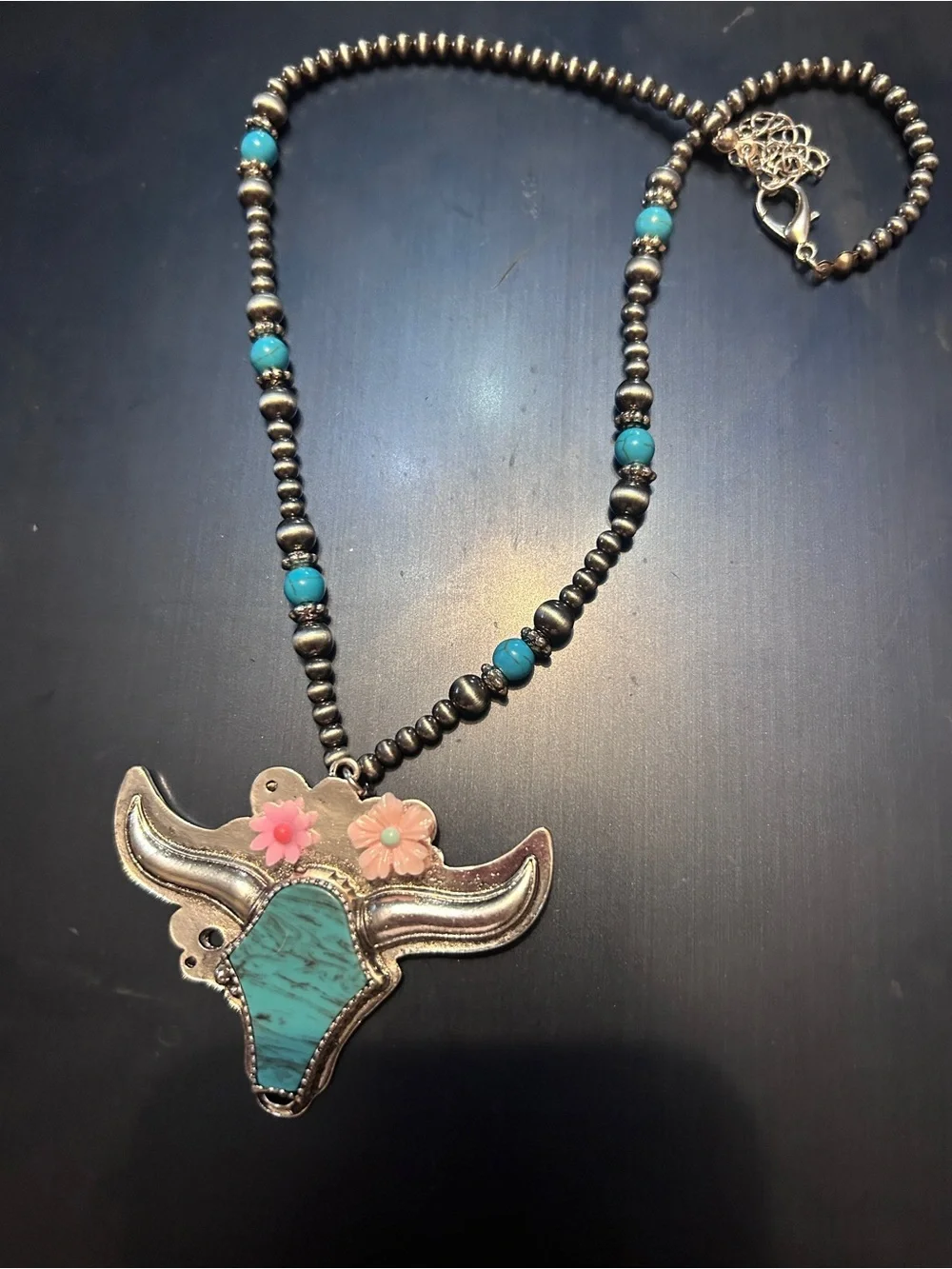 Turquoise Floral Bullhead Pendant Necklace - Women Jewelry